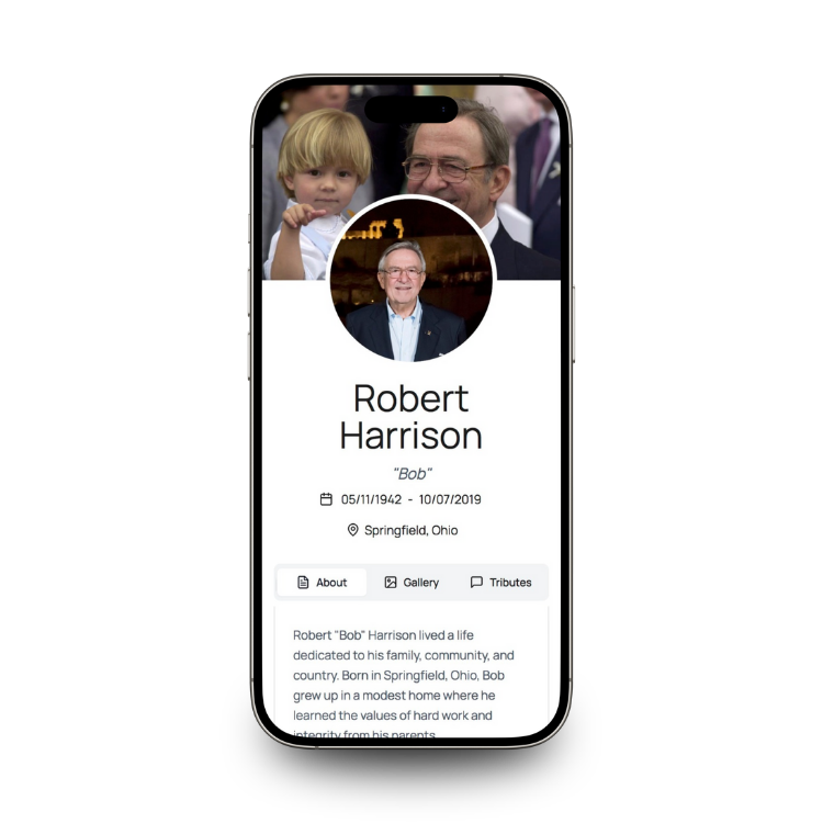 Phone screen displaying a profile of Robert Harrison with a photo of a man and a child for a QR code memorial page for a head stone.