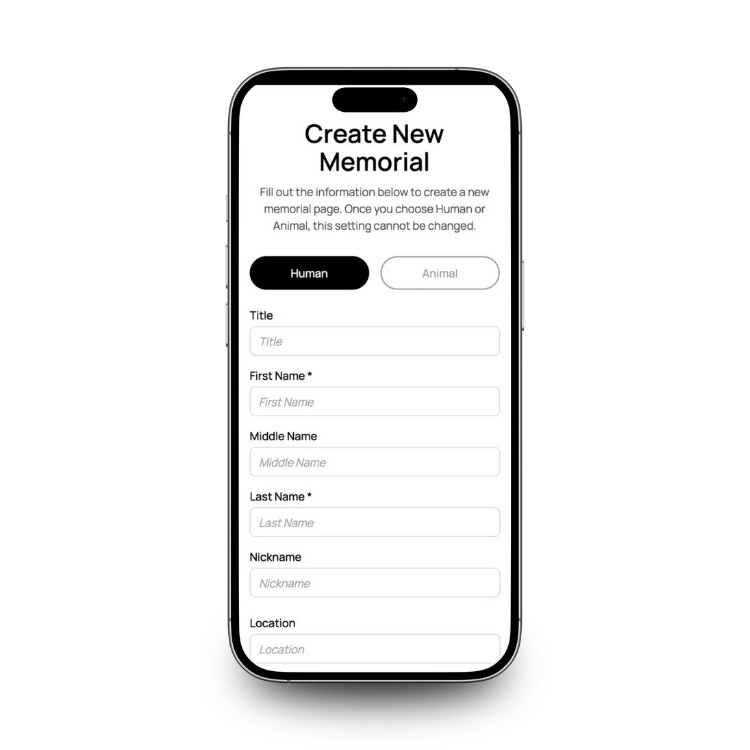 Phone screen displaying a form to create a new memorial with fields for title, first name, middle name, last name, nickname, and location. QR code memorial sign up page.