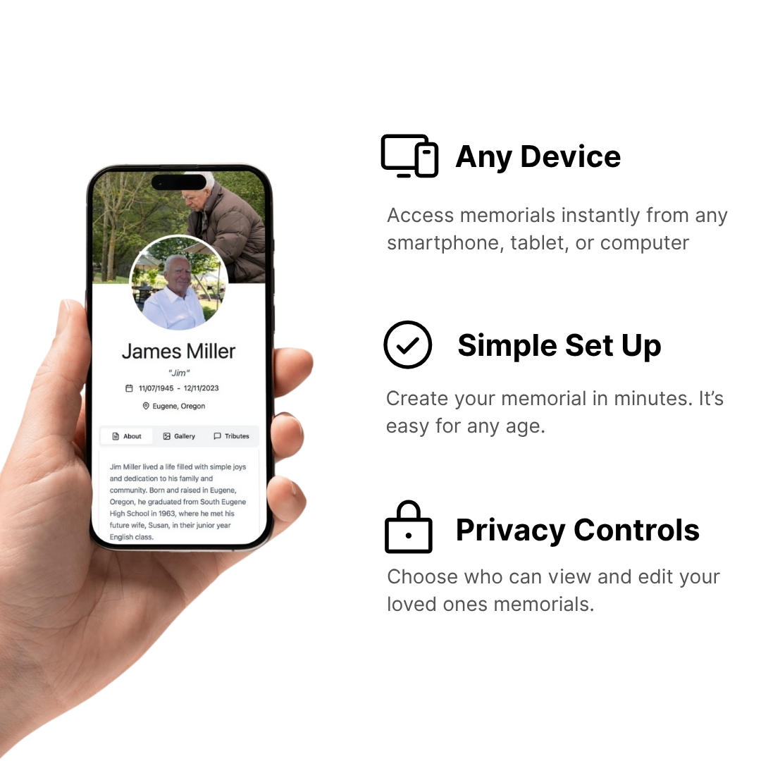 Hand holding a smartphone displaying a memorial app with features listed on the right. Beyond This Stones QR code memorial for headstones and gravestones
