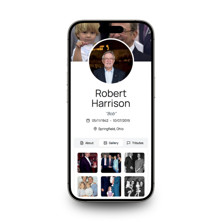 Phone screen displaying a profile of Robert Harrison with images and details for Beyond This Stones QR code memorial for headstones