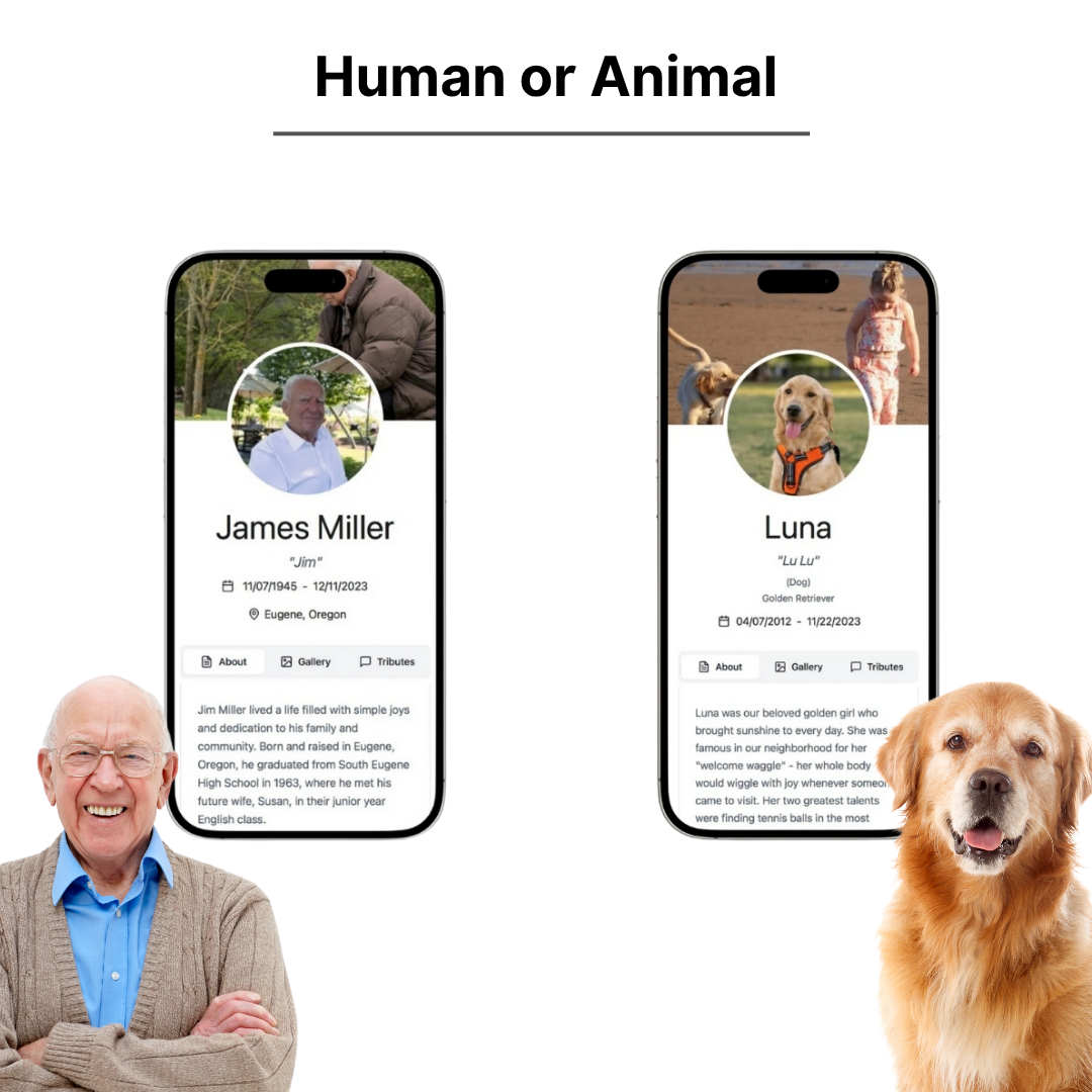 Two phone screens showing profiles of a person named James Miller and a dog named Luna, with a golden retriever on a white background. Beyond This Stones QR code memorial for headstones and gravestones