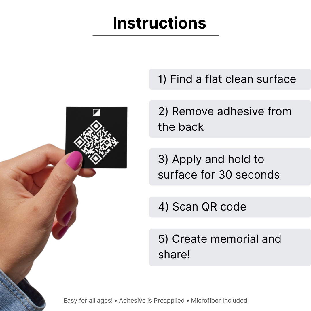 Instructions for applying a QR code label with a hand holding the label and text detailing the steps. Beyond This Stones QR code memorial for headstones and gravestones