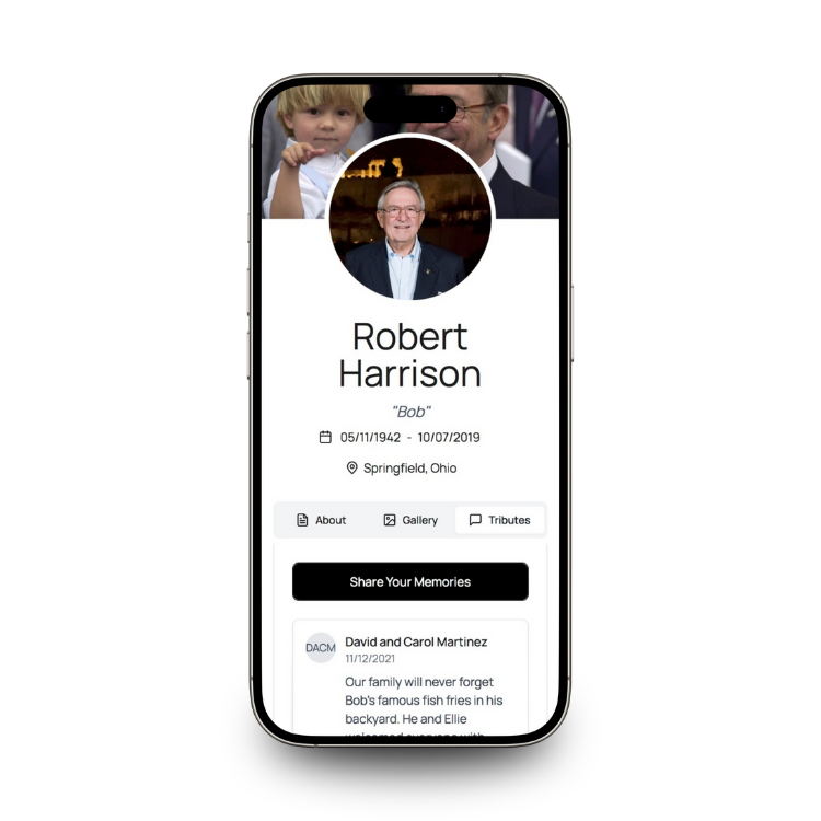 Phone screen displaying a memorial app with a profile of Robert Harrison. Where users have left tributes on his memorial for Beyond This Stones QR code memorial for headstones and gravestones
