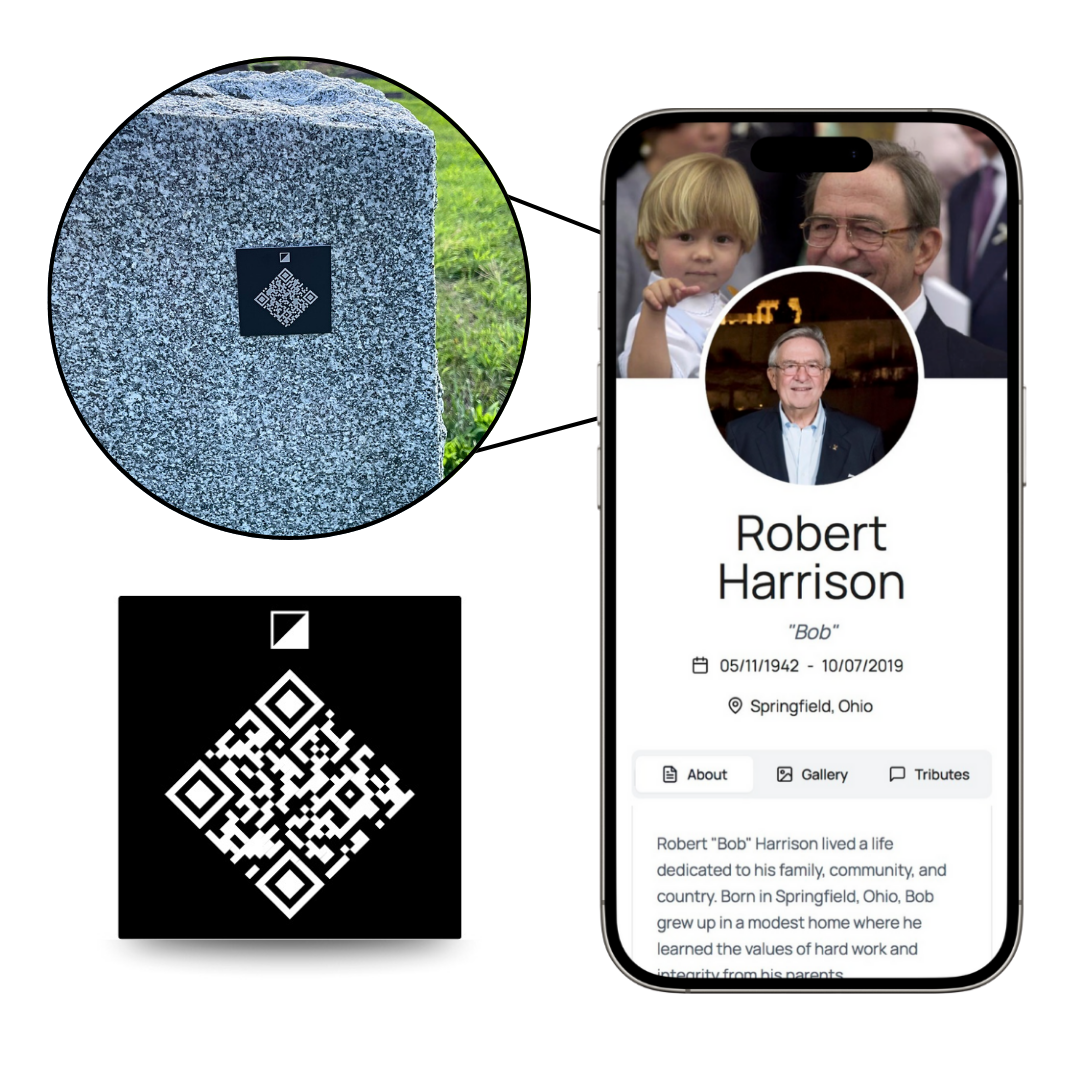 Phone screen showing a memorial app with a QR code and textured blue object.