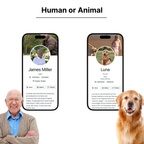 Two phone screens showing profiles of a person named James Miller and a dog named Luna, with a golden retriever on a white background.