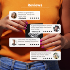 Person holding a product with reviews displayed on an orange background