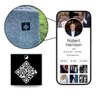 Phone app interface with profile picture, name, and QR code on a white background